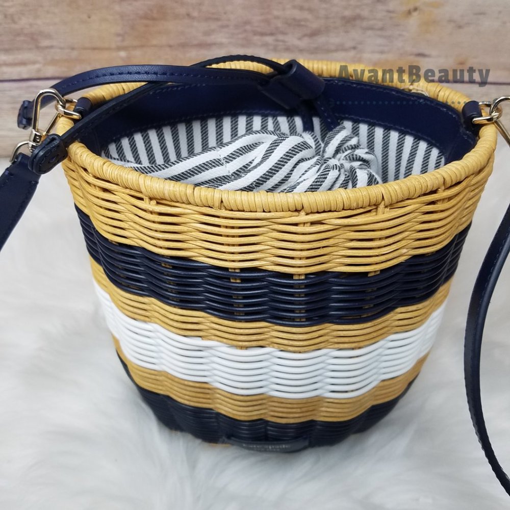 Kate Spade Medium Bucket Bag Buoy Wicker Blue Mult - Picture 10 of 16